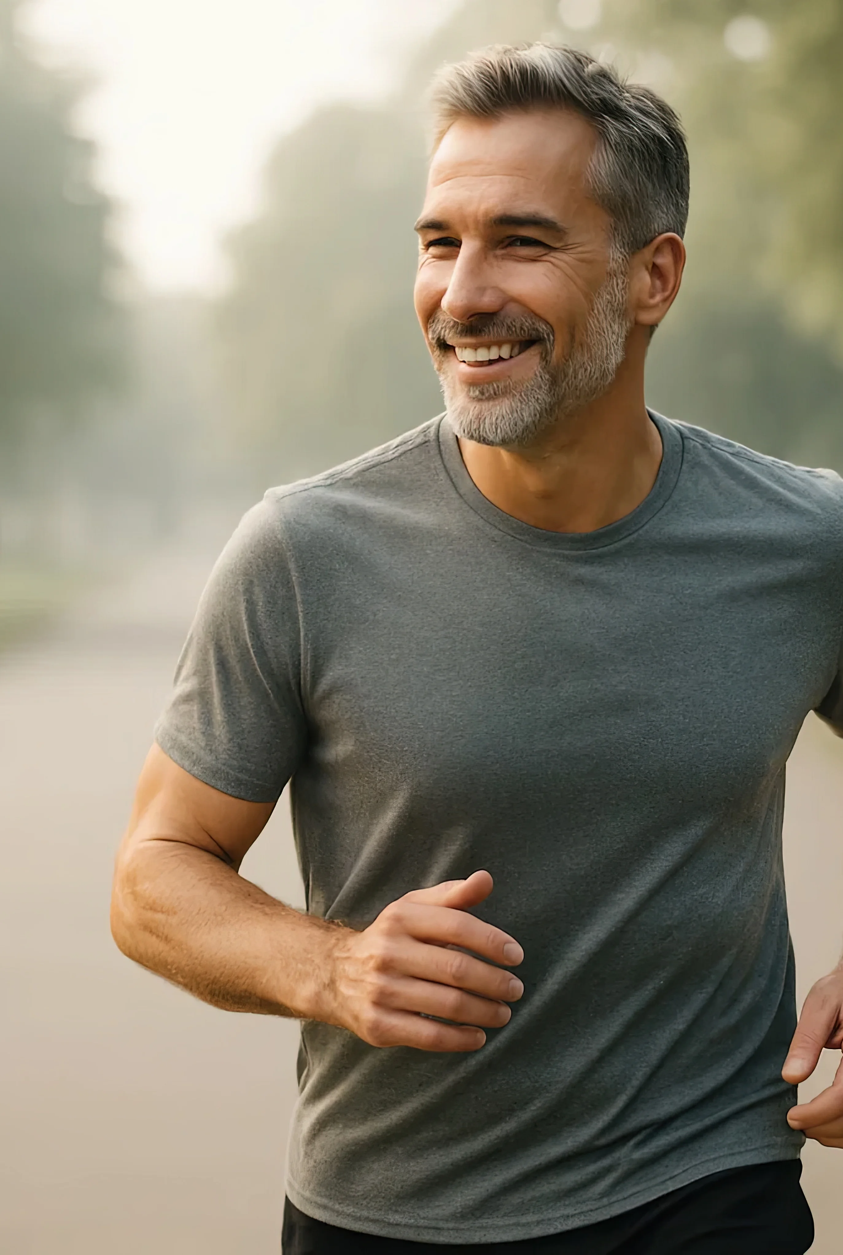 Hombre corriendo al amanecer en ciudad